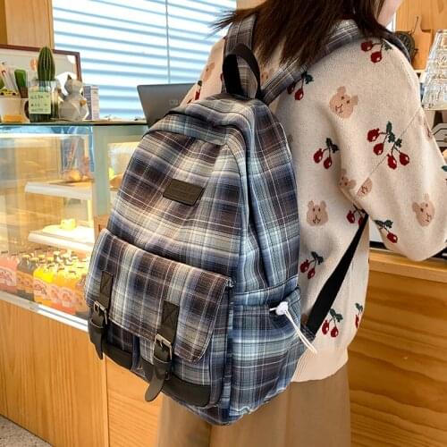 HOCODO Cute Plaid Backpack Women Students School Bag Japanese Striped Female Backpacks Teen Girl Travel Bagpack Fashion Mochilas