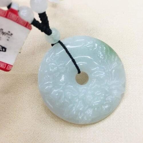 Natural Burmese Emerald Jade Carving Two-Color Openwork Flower Donut Pendant with Tri-Color Bead Necklace Sweater Chain