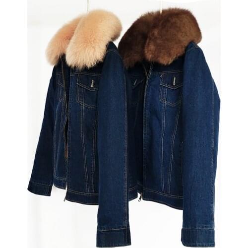 New winter denim jacket, fox fur collar pie, overcoming fur liner to keep warm, ladies jacket thickened long sleeves