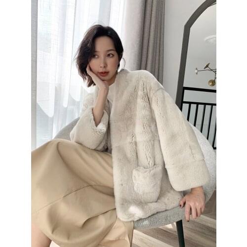 Genuine Rex Rabbit Fur Coat Vintage Elegant Female Jacket Autumn Winter 2021 Warm Womens Clothing Mulheres Casacos Zjt1683
