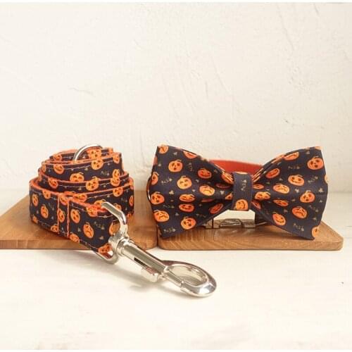 Personalized Pumpkin Lantern Pet Collar Lead Custom Nylon Puppy Name ID Tag Adjustable Collars Leash Set Free Engraving