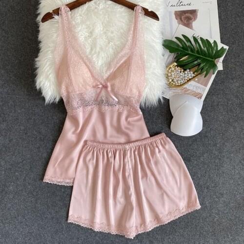 Pink Perspective Sexy Pajamas Set Women Lace Night Gown Backless Strap Top&Shorts Bow Faux Silk 2020 Summer Intimate Lingerie
