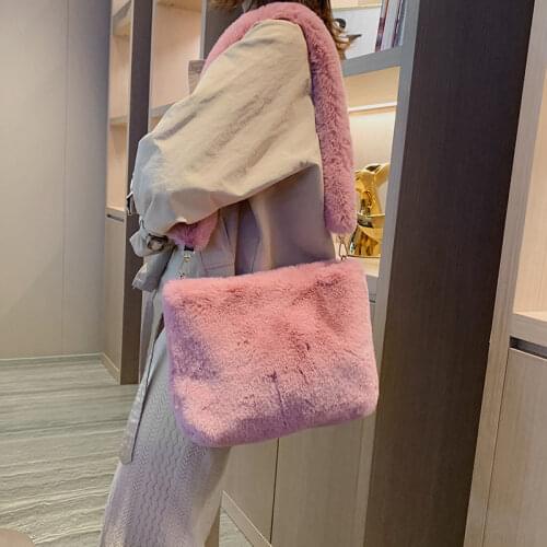 Luxury Solid Color Women Plush Crossbody Bag Casual Faux Fur Female Large Shoulder Bags Fashion Elegant Ladies Purse Handbags