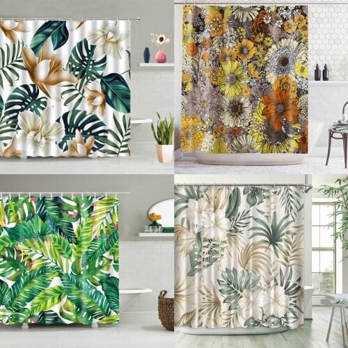 Luxury Tropical Leaves Shower Curtain with Roller Hooks Modern Flower Print Decorative Elegant Bathroom Curtains 180x180cm