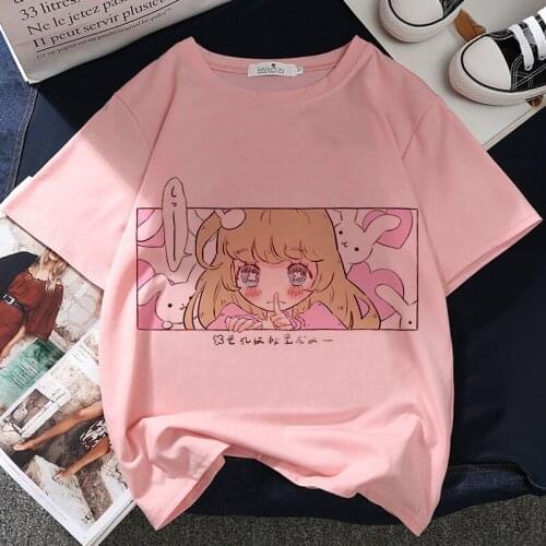 Japan Anime Graphic Print T-shirt Women Tee Harajuku Aesthetic Pink Top Casual Tshirt 2021 New Summer Fashion Y2k Female T Shirt