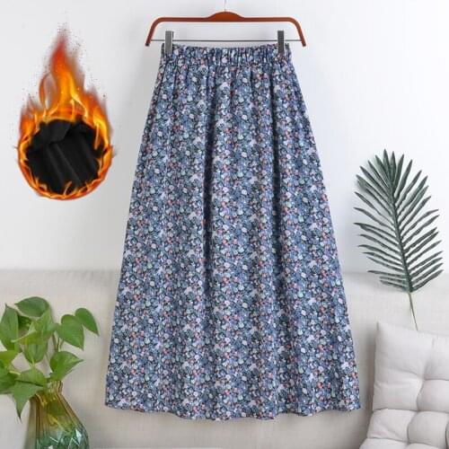 2020 New Autumn Winter women high-waisted A-line large hem elastic waist floral skirt velvet lining mid-length skirt