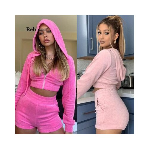 2 Pcs Womans Solid Color Sexy Suit Long Sleeve Zipper Bare Midriff Hoodie with Drawstring Casual Short Pants with Pocket