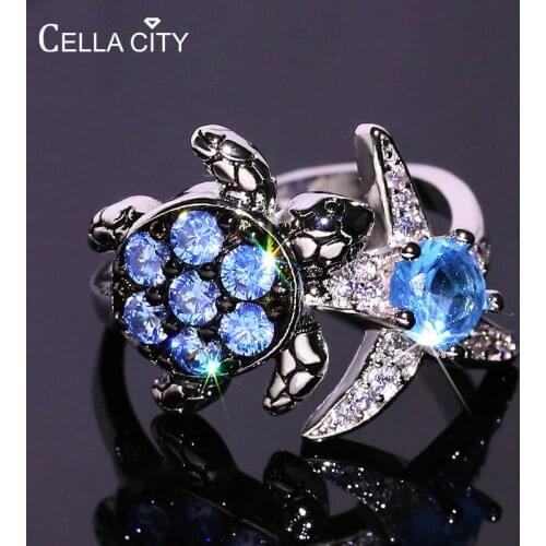 Cellacity Trendy Silver 925 Jewelry Gemstones Aquamarine Ring for Women Tortoise Starfish Size6-10 Female Party Accessory Gift