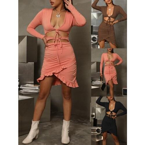 Lace Up Long Sleeve Women Dress Spring/Autumn Ruffle Fit Flare Knit Sexy Club V-Neck Ladies Dress Solid Color Asymmetric Dress