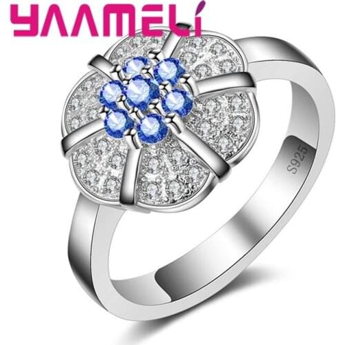 Fashion Blue Crystal Flower Rings For Women 925 Sterling Silver Vintage Big Wedding Ring Bohemia Jewelry