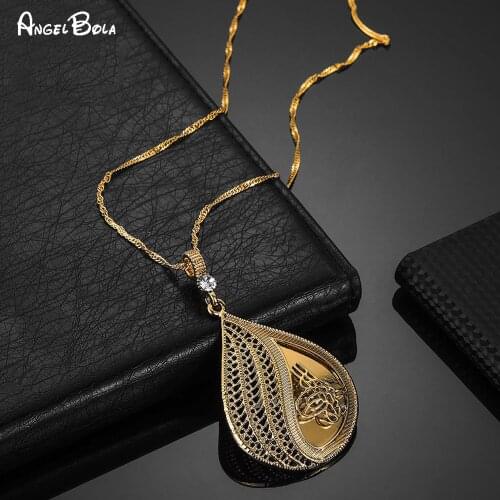 Arab Islamic Fashion Golden Rhinestone Luxury Jewelry Women Charm Pendant Necklace Muslim Party Holiday Gift Never Fading