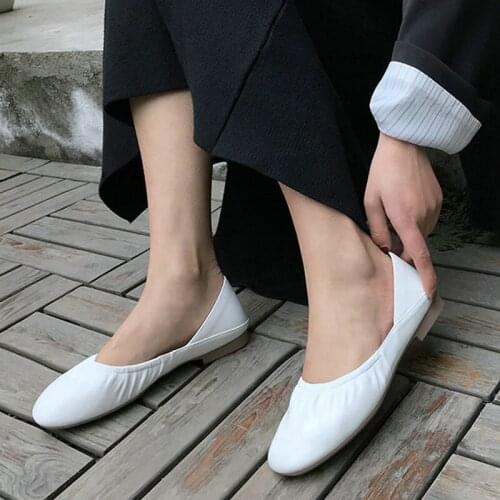 EshtonShero Spring Womens Shoes Woman Low Heels Square Toe Genuine Leather Loafers Pleated Apricot Ladies Casual Shoes Size 3-9