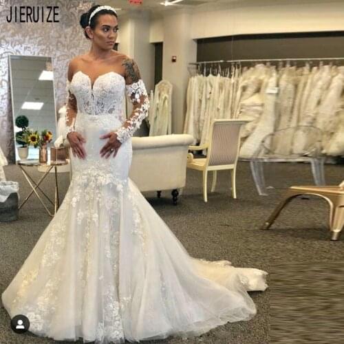 JIERUIZE Mermaid Wedding Dresses Sweetheart Long Sleeves Button Back New Gorgeous Appliques Bridal Dresses vestidos de novia