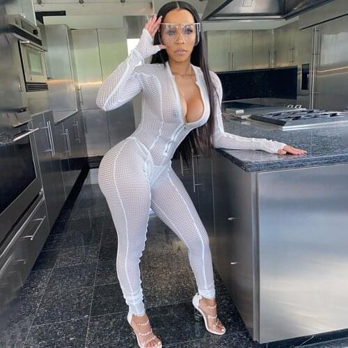 Sheer Mesh Plaid Sexy Jumpsuit for Women Front Zip V Neck Long Sleeve Romper Party Night Club Rompers Womens Jumpsuit Body Suit