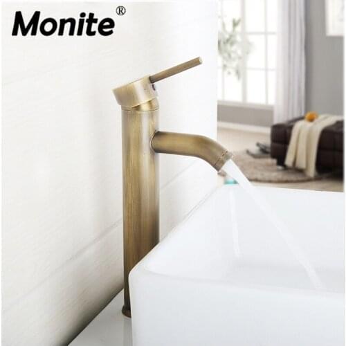 Monite Antique Brass Tall Bathroom Basin Sink Faucets Single Handle Mixer Vessel Sink Stream Spout Bathroom Faucet Tap