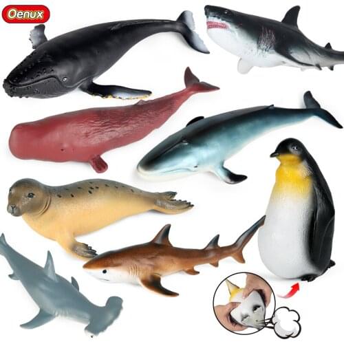 Oenux Soft Inflated Sea Life Animals Penguin White Shark Megalodon Ocean Blue Whale Model Action Figure Bottom Blowhole Kid Toy