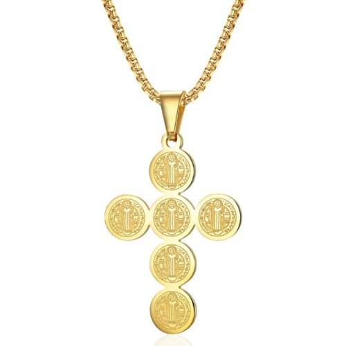 Stainless Steel Gold Saint Benedict Christ Cross Pendant Necklace Jewelry Round Disc Coin Cross Religious Necklaces Jewelry Gift