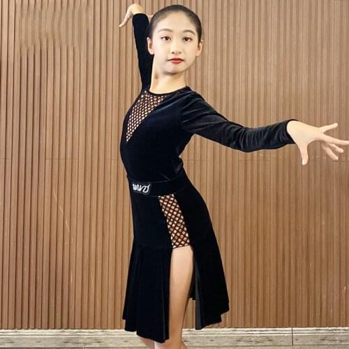 Latin Dance Dresses For Girls Autumn Winter Latin Pracrice Dress Sexy Slit Velvet Black Dress Kids Samba Show Costume DNV14038