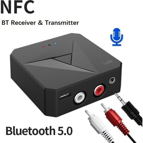 NFC Bluetooth 5.0 Receiver Transmitter 3.5mm AUX Jack RCA Music Wireless Audio Adapter Handsfree Call Mic Car Kit For TV Auto ON