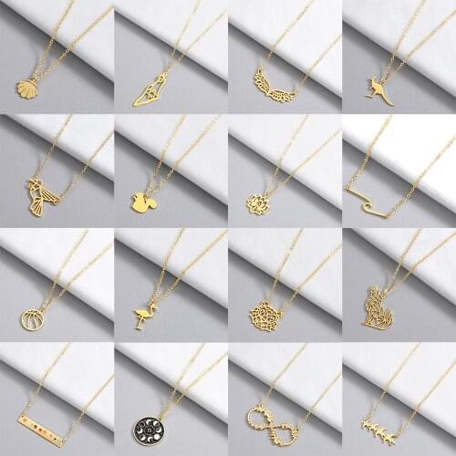 QIAMNI Wolf Bird Crane Flower Wave Ball Lion Deer Lotus Wing Moon Fishtail Animal Pendant Necklace Party Jewelry Birthday Gift