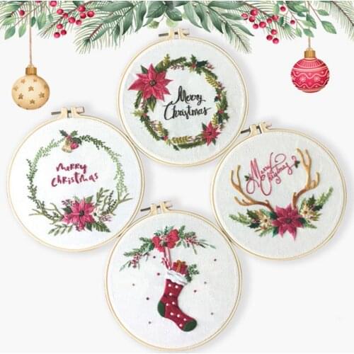 Christmas DIY Embroidery Starter Kit Xmas Themed Pattern Embroidery Hoop Linen Cloth Cotton Thread Needlework Sewing Craft