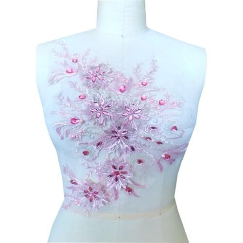 Pink Three-dimensional embroider lace applique with beads rhinestones triming patches 38*26cm for dress DIY accessories