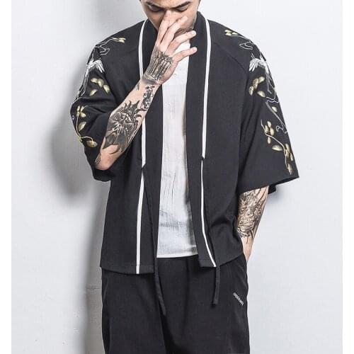 Mens Embroidery Shirts Summer Open Cardigan Kimono Shirts Black White Male Streetweat Shirts 5XL