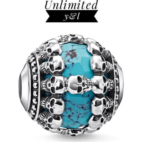 Blue Stone Skull Karma Beads Silver Fashion DIY Making Skeleton Jewelry Accessories Fit Bracelets Necklaces Chain