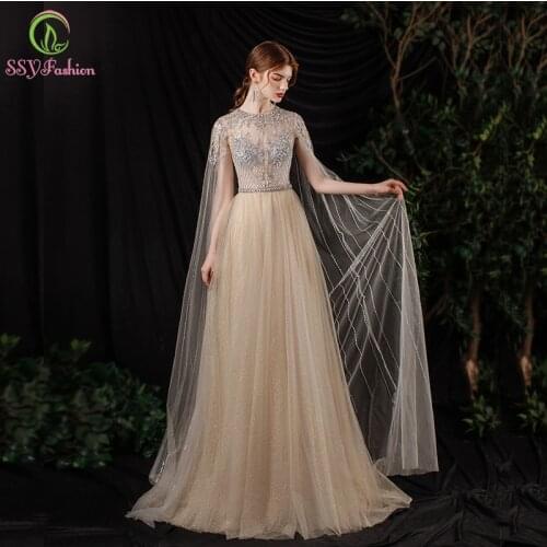 SSYFashion New Luxury Evening Dress for Women High-end O-neck A-line Sequins Beading Long Formal Prom Gown Vestidos De Noite