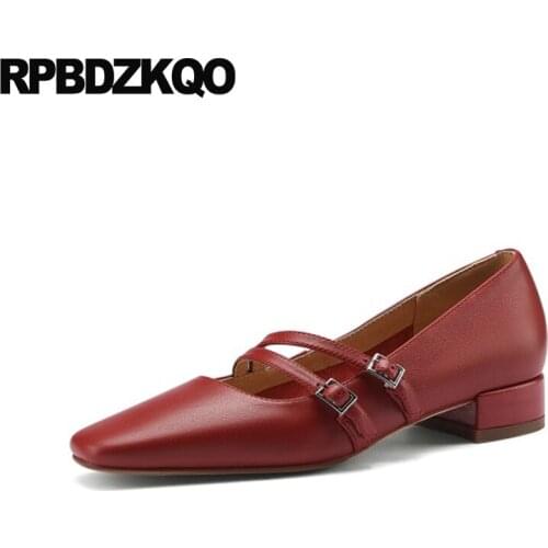 Women Girls Mary Jane High Heels Block Lace Up Genuine Leather Square Toe Wine Red Casual Beige New Ladies Low Shoes Pumps Strap