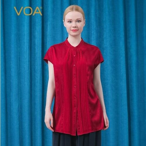 VOA Silk Elastic Stand Collar Short Sleeve Wine Red Micro Elastic Fold Shirt Blusas Mujer De Moda 2021 Verano Elegantes BE618