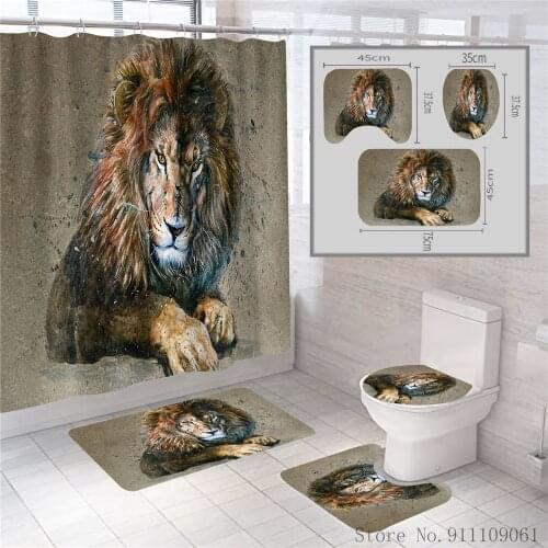 3D Creative Animal Lion Print Waterproof Shower Curtain Polyester Fabric Bathroom Partition Curtain Non-slip Mat Toilet Mats