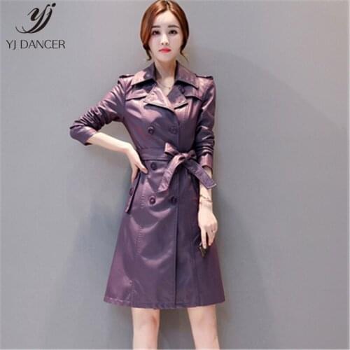 Leather Long Women 2019 Autumn And Winter New Tie Belt Waist Large Size PU Leather Windbreaker Jacket Tide H00893