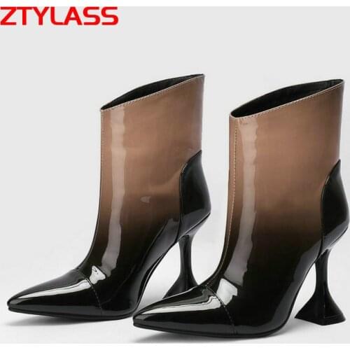 Patent Leather Womens Shoes Mixed Colors Woman Ankle Boots Strnge Style Ladies Pointed Toe Autumn Winter Short Boots Plus Size