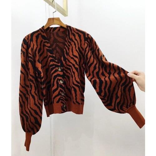 New ladies fashion 2021 long sleeve sexy casual high neck zebra print wool cardigan 0914