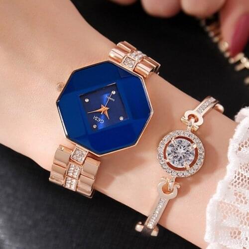 Women Watches Fashion Diamond Glass Rhinestone Black White Rose Gold Steel Belt Set Female Quartz Waterproof Clock Reloj Mujer