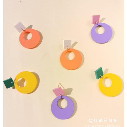 QUMENG 2020 Korean New Geometric Square Round Acrylic Spray Paint Earrings for Women summer candy Color stud Earrings Jewelry