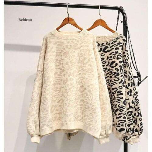 Autumn Winter Women Leopard Pullover and Sweaters Round Neck Oversize Sweater Jumpers Casual Leopard Korean Pull Femme