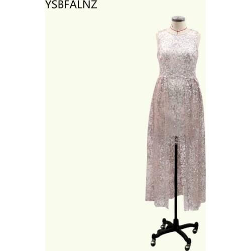 Women Sexy Long Dress Sleeveless Solid Sequin O Neck Asymmetrical High Street Dance Wedding Prom Party Night Fashion Dresses Top