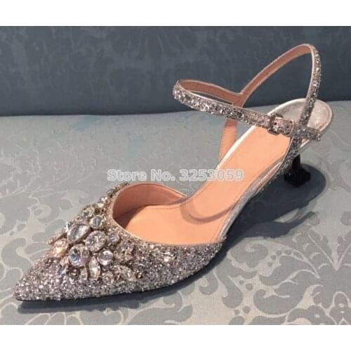 ALMUDENA Top Brand Sparkling Pointed Toe Beaded Banquet Shoes Slingback Jewelry Bridal Shoes Nightclub Stage Pumps Dropship