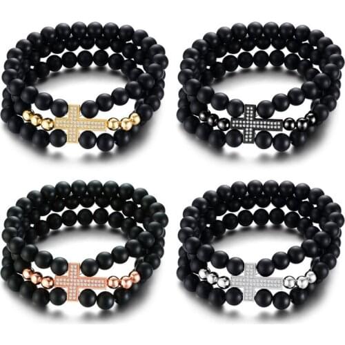 Fashion Cross Bracelet for Men Multi-Layer Beaded Bangle Crystal Wrist Religious Male Jewelry