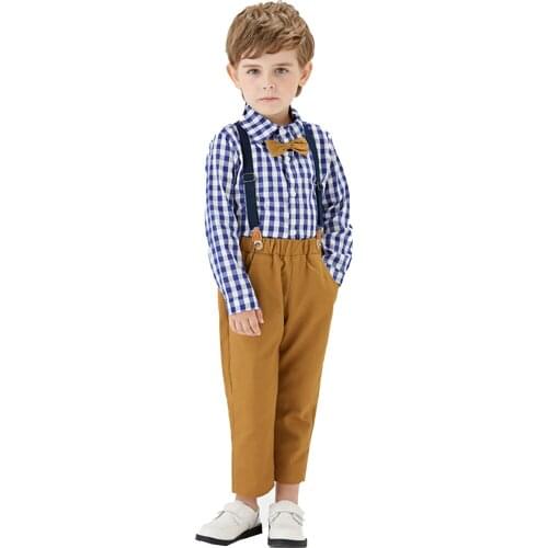 Childrens Clothing For Boy Toddler Baby Gentleman Bow Tie Plaid T-shirt Tops Suspender Pants Outfits Vetement Enfant Garcon
