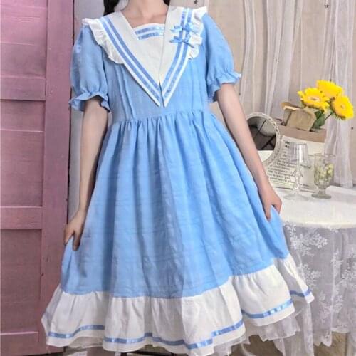Womens 2020 New Summer Japanese College Style Sweet First Love Dress Sailor Collar Cute Bow Dress tea party sweet lolita dress