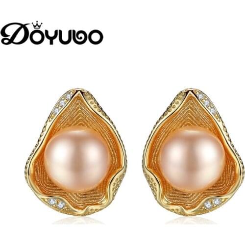 DOYUBO Luxury Lady Pink Round Freshwater Pearl Stud Earrings Classical New Women Shell Shape Pearl Earrings Fine Jewelry VC228
