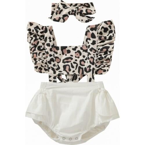 FOCUSNORM 0-24M Newborn Baby Girl Rompers Leopard Printed Patchwork Ruffles Short Sleeve Jumpsuit Headband 2PCS