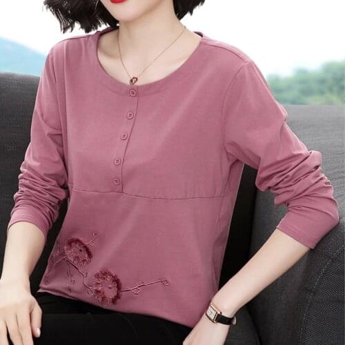 Shintimes Button T Shirt Women 2020 Cotton Embroidery Plus Size Tshirt Long Sleeve T-Shirt Casual Woman Clothes Tee Shirt Femme