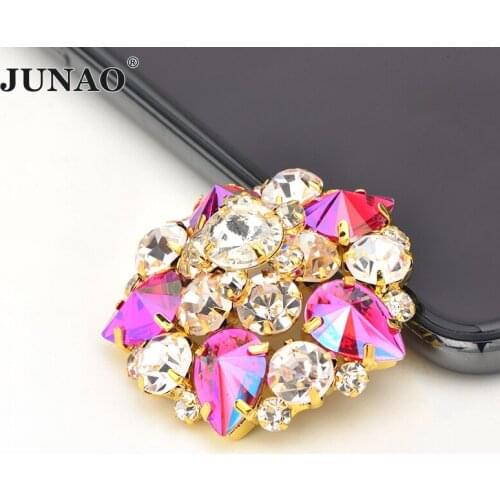 JUNAO 2pcs 40mm Sewing Rose AB Flower Rhinestone Glass Crystal Applique Flatback Glass Claw Strass Sew On Glass Stones