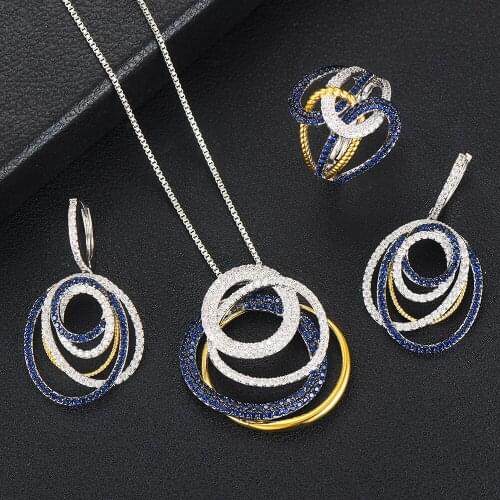 KellyBola New Trendy 3pcs Crossover Chunky Jewelry Set Women Wedding Cubic Zirconia Dubai Gold Necklace Earring Ring Jewelry