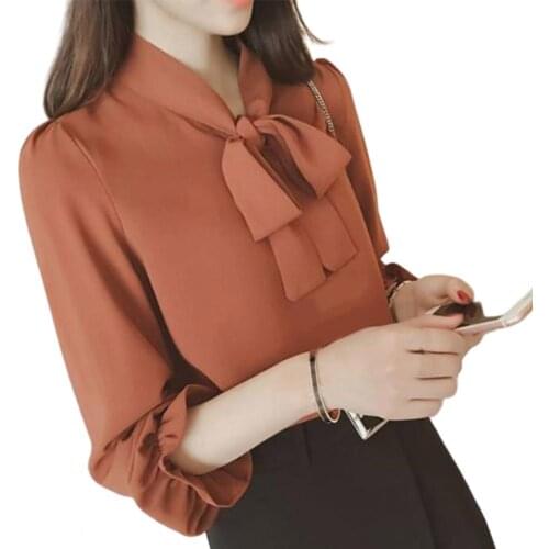Summer Women Tops Solid Color Long Flared Sleeves Buttons Necktie Bowknot V-neck Korean Work T-shirt топик женский 2021 3XL