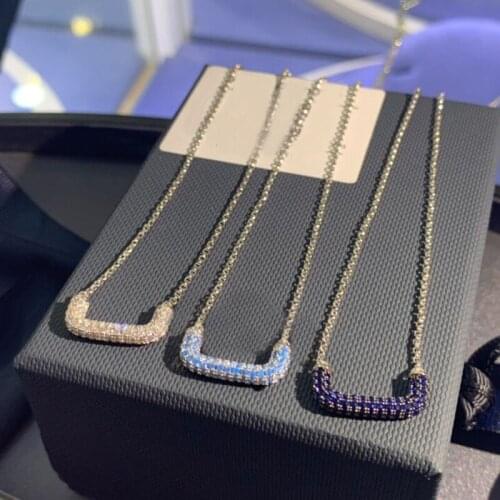 Brand 1:1Fashion Necklace Silver Color Navy Blue Half Rectangle Geometry Pendant Adjustable Chain Women Jewelry New Arrival